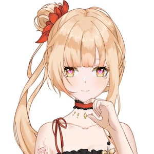 以下が含まれることがあります： 赤い花のアクセサリーでハーフアップにした、長いブロンドの髪をした若い女性。彼女は、金のネックレスと赤いチョーカーをつけた、赤と黒のホルターネックトップを着ています。彼女は、瞳にピンクのハートがある、明るい黄色の目をしています。