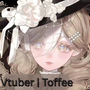 May include: An anime-style digital illustration of a character with light brown hair, wearing a black hat adorned with large white flowers and a white veil. The character has light-coloured eyes and pearl hair clips. The text Vtubers | Toffee is visible.