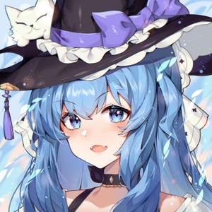 Könnte beinhalten: Ein Anime-Charakter mit blauen Haaren, der einen schwarzen Hexenhut mit einem violetten Band und einer weißen Katze auf dem Kopf trägt. Der Charakter trägt einen weißen Kragen und eine schwarze Halskette.