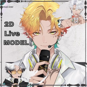 Könnte beinhalten: Digitale Illustration eines 2D Live-Modells mit gelb-orangenem Haar, grünen Augen und einem Mikrofon. Das Bild enthält kleinere Porträts derselben Figur mit verschiedenen Frisuren. Der Text auf dem Bild lautet "2D Live MODEL".