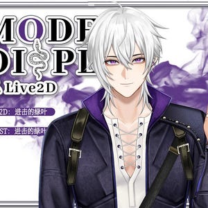 May include: An anime-style illustration of a character with white hair and purple eyes, wearing a black jacket with a purple collar over a white shirt. The image includes the text "MODE DISPLAY Live2D" and other text in a foreign language.