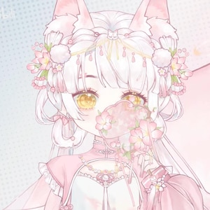May include: A pink and white anime character with fox ears and a flower crown. The character is holding a pink flower in their hand and has a pink and white background.