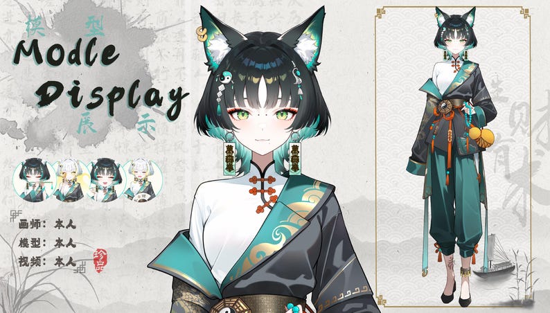 K&ouml;nnte beinhalten: Digitale Illustration eines Charakters mit fuchsartigen Ohren und gr&uuml;nen Augen, der ein wei&szlig;es Oberteil, eine schwarze Jacke und eine t&uuml;rkisfarbene Hose tr&auml;gt. Das Bild enth&auml;lt den Text "Modle Display" und Charaktervariationen.
