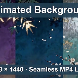 Op de afbeelding: Een geanimeerde digitale achtergrond met drie verticale panelen in paars, donkerblauw en groenblauw met bamboebladeren, kersenbloesems en vallende bloemblaadjes. De tekst luidt Animated Background en 2548 x 1440 Seamless MP4 Loop.