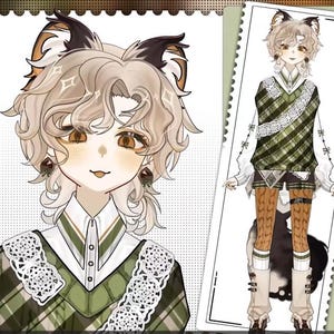Op de afbeelding: Een cartoonillustratie van een persoon met bruin haar en kattenoren die een groen-wit geruit vest draagt met een witte kantversiering. De persoon draagt ook een wit shirt met een groene kraag en een witte kantkraag.