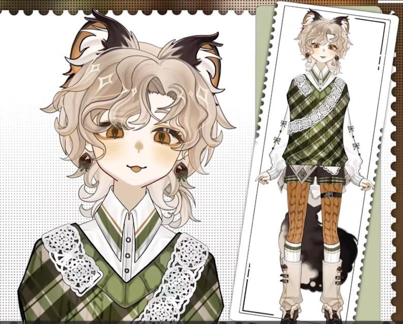 Op de afbeelding: Een cartoonillustratie van een persoon met bruin haar en kattenoren die een groen-wit geruit vest draagt met een witte kantversiering. De persoon draagt ook een wit shirt met een groene kraag en een witte kantkraag.