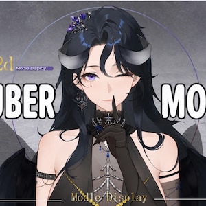 May include: A Live 2D VTuber model featuring a character with long black hair, purple eyes, and dark horns. The character wears a black outfit with intricate details, a choker, and gloves, holding a finger to their lips in a shushing gesture.