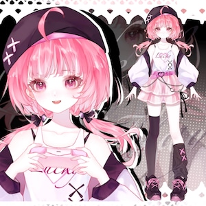 Könnte beinhalten: Ein Anime-Charakter mit rosa Haaren, der eine schwarze Baskenmütze, ein weißes Shirt mit dem Wort "Lucky" und einem rosa Herzen sowie eine schwarze Jacke trägt. Der Charakter hält einen rosa Gamecontroller.
