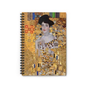 May include: A painting of a woman with a gold background. The woman is wearing a white dress with a geometric pattern and a gold necklace. The background is made up of many small squares and circles in gold, black, and white.