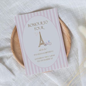 Parisian Birthday Invite - Girl Fourth Birthday Invite - Bonjour to Four - Editable in Canva - 5x7