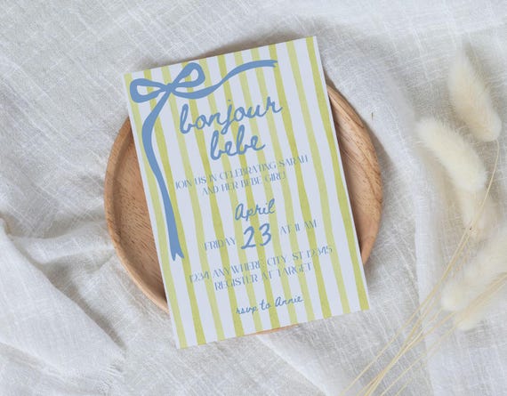Bonjour Bebe Baby Shower Invite - Parisian Baby Shower Invite - Cheerful and Bright - Editable in Canva - 5x7