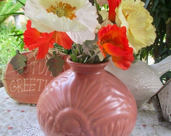 Beautiful Vintage Pottery Daisy Matte Orange Vase with Flowers