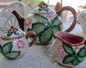 Rare Fitz & Floyd Hibiscus Teapot, Sugar Bowl Creamer Vintage Ca 1989