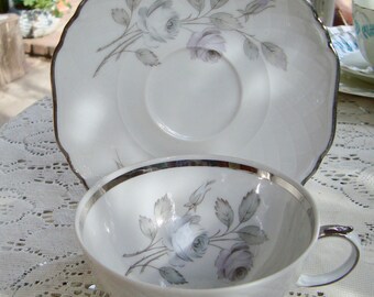 Harmony China Tea Cup & Saucer "Spring Song" Platinum Trim Bavarian