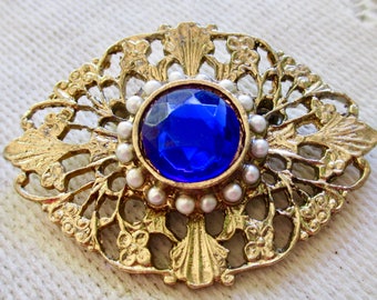 Beautiful Vintage Blue Rhinestone Brooch with Faux Seed Pearls