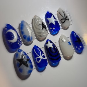 Blue Coraline Inspired Long Almond Press On Nails
