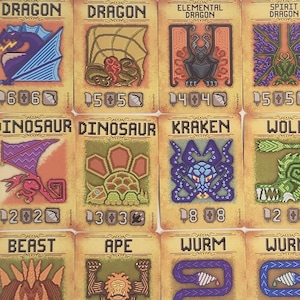 Könnte beinhalten: Eine Sammlung von Fantasy-Sammelkarten mit verschiedenen Kreaturen wie Drachen, Dinosauriern und Fabelwesen. Jede Karte hat eine einzigartige Illustration, einen Kreaturnamen und eine Nummer. Die Karten haben ein Vintage-Aussehen mit Sepia-Tönen.