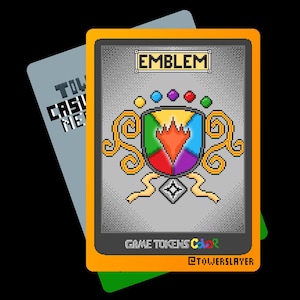 May include: A pixelated game token card with an orange border and the word "EMBLEM" at the top. The card features a colorful emblem design with a shield shape and the text "GAME TOKENS COLOR" and "@TOWERSSLAYER". A second gray card is partially visible.