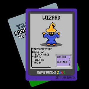 May include: A pixelated game token featuring a wizard in blue robes and a yellow hat. The card includes the text "WIZARD", "TOKEN CREATURE", "ATTACK 0", and "DEFENSE 1". The card is purple with a gray border and is labeled "GAME TOKENS Color" and "@TOWERSLAYER".