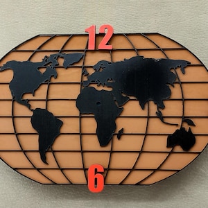 Earth Planisphere Wall Clock SVG File, carte du monde - découpe laser, Design unique, Décoration moderne, 50 cm, Téléchargement instantané