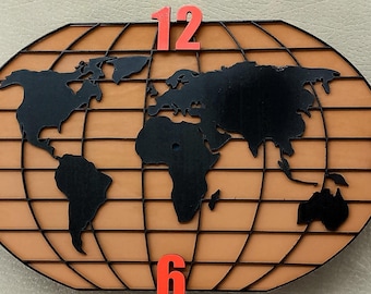 File SVG Orologio da Parete Planisfero Terrestre, mappamondo -taglio laser, Design Unico, , Decorazione Moderna, 50 cm,Download Immediato