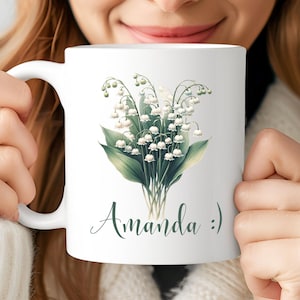 Custom May Birth Flower Mug, Personalized Name & Message Coffee Mug, Lily of the Valley Bridesmaids Gifts, Birthday Gifts for Her