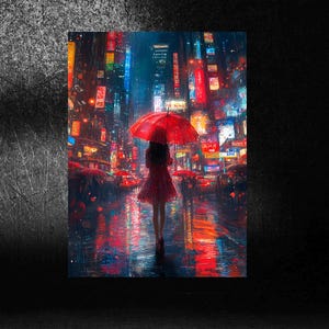 K&ouml;nnte beinhalten: Digitaldruck eines Menschen mit rotem Regenschirm in einer regnerischen Stadt. Das Kunstwerk zeigt lebendige Neonlichter und Reflexionen auf dem nassen Pflaster, wodurch eine farbenfrohe und atmosph&auml;rische Szene entsteht.