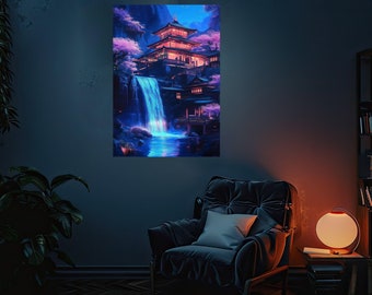 Japanische Landschaft Metal Poster | Japan Wand Kunst | Zeichen Geschenk Natur Decor Kawaii Dekoration Anime Tempel Nachtbild Asiatisch Schönes Geschenk