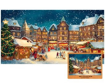 Pode incluir: Pintura em aquarela de uma cena de mercado de Natal com neve caindo. A imagem apresenta uma árvore de Natal decorada, barracas e pessoas com roupas de inverno. Edifícios com janelas iluminadas ladeiam a rua.