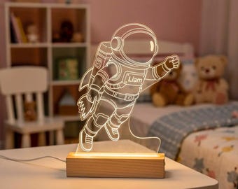 Gepersonaliseerde astronaut-nachtlampje • Aangepaste naam led-ruimtelamp voor kinderen • Rocket Boy slaapkamerdecor • Nachtlampje kinderkamer • Uniek cadeau
