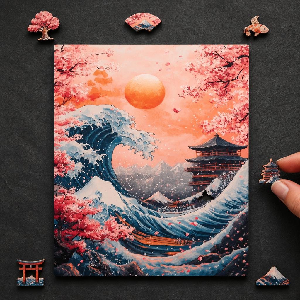 Great Wave Wooden Jigsaw Puzzle for Adults, Snow Temple Cherry