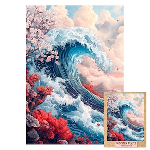 Ocean Wave Puzzle with Cherry Blossoms & Coral | Japanese Art Style Wooden Puzzle | Colorful Coastal Landscape Zen Jigsaw Gift