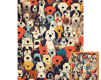 May include: A colorful illustration of many different dog breeds fills the frame. The dogs are depicted in a cartoon style with various colors and patterns. A smaller, wooden puzzle with the same dog illustration is in the lower right corner.