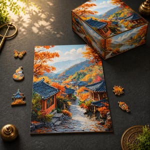 Korean Autumn Village Wooden Puzzle | Oil Painting Style, Custom Shapes, Limited Edition image 3