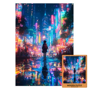 Cyber City Neon Puzzle – Futuristic Night Street Scene with Girl, Colorful Lights Reflection, Wooden Laser Cut Jigsaw for Adults & Teens