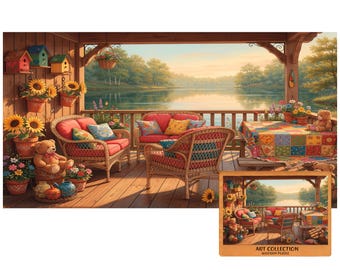 Lakefront Porch Handmade Wooden Jigsaw Puzzle, Colorful Wicker Chairs, Housewarming Gift