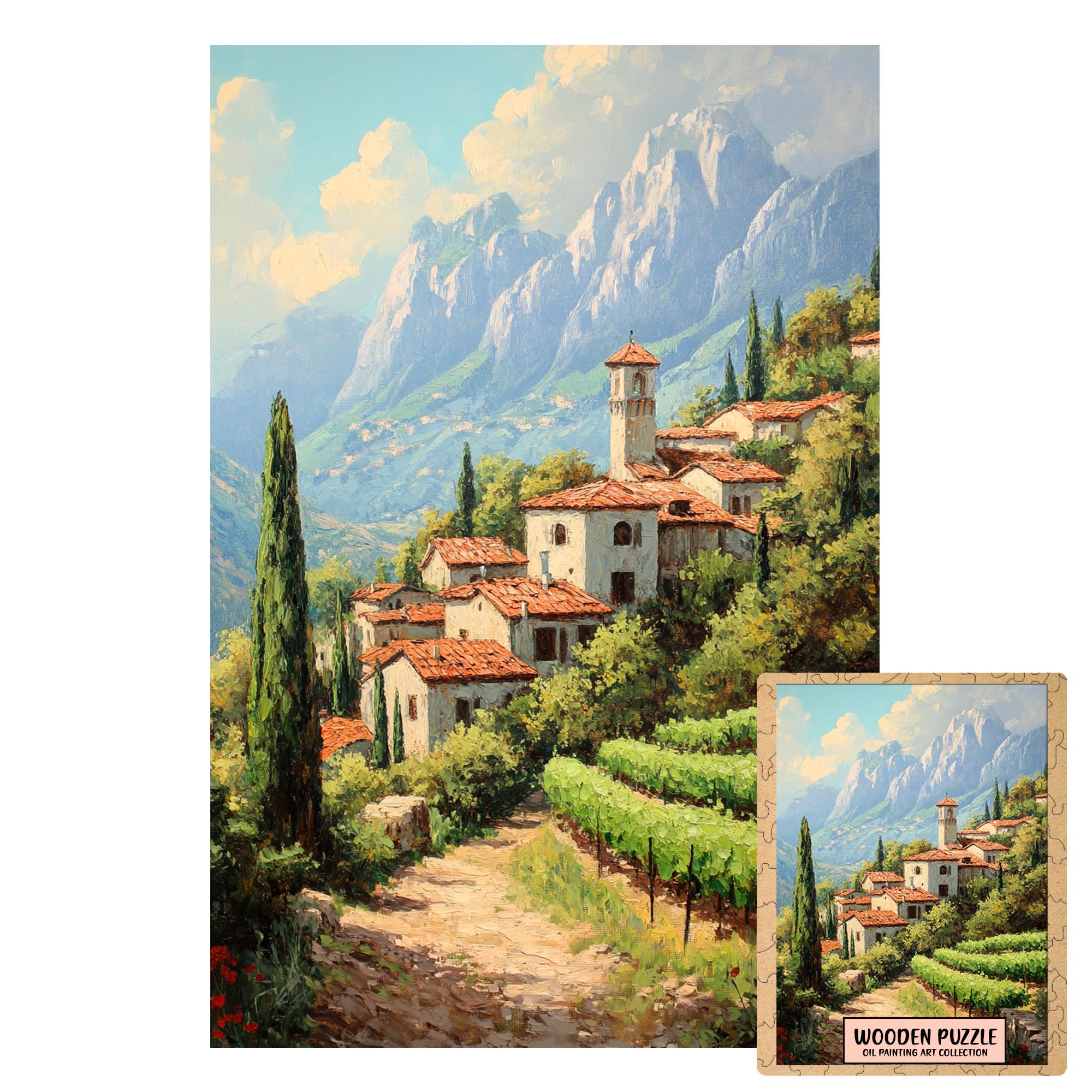 Italian Countryside Puzzle | Vintage Oil Painting Style | Wooden