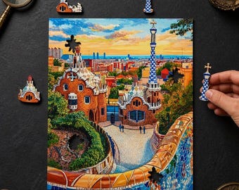 Barcelona Gaudí Wooden Puzzle, Park Güell Sunset, Colorful Spain Travel Gift