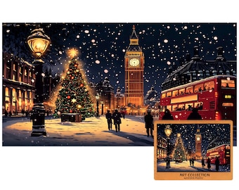 Op de afbeelding: Een winterse illustratie van Londen met Big Ben, een versierde kerstboom en een rode dubbeldekkerbus in de sneeuw. Straatlantaarns en een kleine houten puzzel met dezelfde afbeelding completeren de scène.