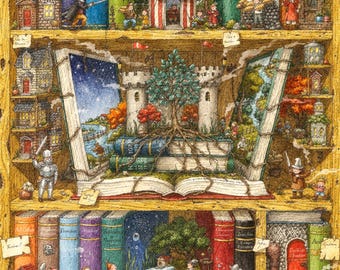 Wooden Jigsaw Puzzle for Adults — The Living Library, Hidden StoryPieces, Fantasy Gift for Book Lovers