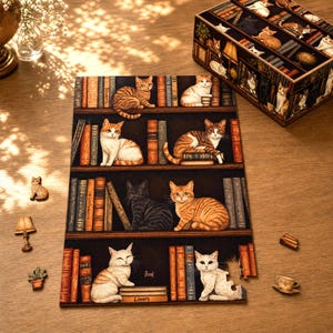 Könnte beinhalten: Ein rechteckiges Puzzle mit einem Bücherregal und mehreren Katzen, die zwischen den Büchern sitzen. Das Puzzle enthält kleine, einzigartig geformte Holzteile, die einer Lampe, einer Pflanze und einer Teetasse ähneln. Eine passende Holzbox liegt daneben.