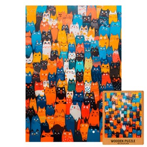 Puzzle colorato con folla di gatti / Divertente puzzle in legno con gatti alti dei cartoni animati / 500 1000 pezzi / Regalo per amanti dei gatti e bambini / Arte vivace dei gatti