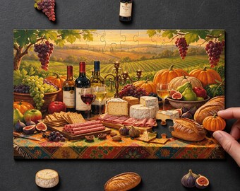 Premium Wooden Jigsaw Puzzle, The Vineyard Table, Wine and Cheese Art, Hidden StoryPieces
