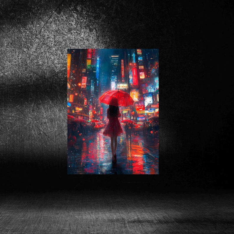 K&ouml;nnte beinhalten: Digitaldruck eines Menschen mit rotem Regenschirm in einer regnerischen Stadt. Das Kunstwerk zeigt lebendige Neonlichter und Reflexionen auf dem nassen Pflaster, wodurch eine farbenfrohe und atmosph&auml;rische Szene entsteht.