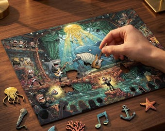 Handcrafted Wooden Art Puzzle – Underwater Concert Scene, Music Lovers Gift