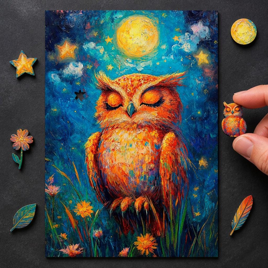 Artisan Wooden Puzzle, The Sleeping Owl, Van Gogh Style Starry Sky, Hidden StoryPieces