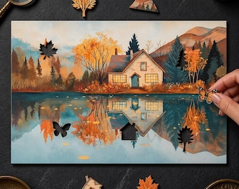 May include: A rectangular wooden puzzle featuring a painted landscape of a house by a lake during autumn. The scene includes orange trees, mountains, and a water reflection. Several cutout shapes are present, including a house, leaves, and a butterfly.