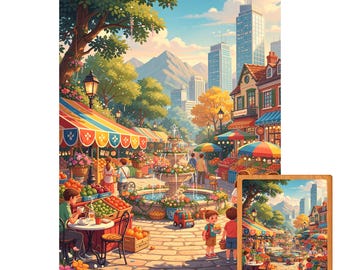 Colorful City Market Wooden Jigsaw Puzzle for Adults, Vibrant Street Fountain, Grandma Gift Floral Art