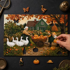 May include: A rectangular wooden puzzle featuring a fall harvest scene with a green farmhouse, a person in a green dress, two children, and white geese. The puzzle includes cutout shapes for wooden pieces like pumpkins, a person, and a hat.