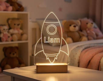 Gepersonaliseerde raket-nachtlampje met aangepaste naam, kinder acryllamp voor jongens, ruimte slaapkamer decor, uniek cadeau voor kinderen en peuters